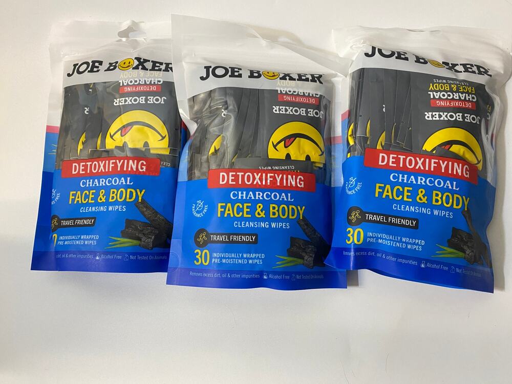 Joe Boxer Detoxifying Charcoal Face and Body Wipes 90 Pack Individually Wrapped